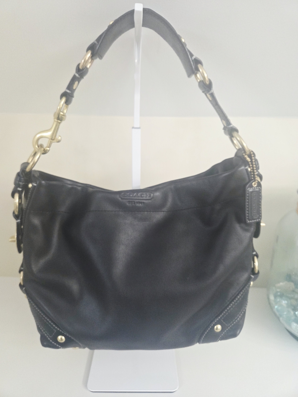 Coach Carly Black Leather Hobo Bag with Gold-Tone Hardware